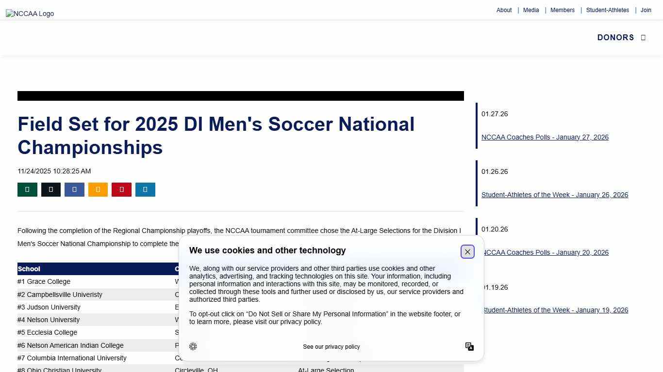 Field Set for 2025 DI Men's Soccer National Championships - National Christian College Athletic Association